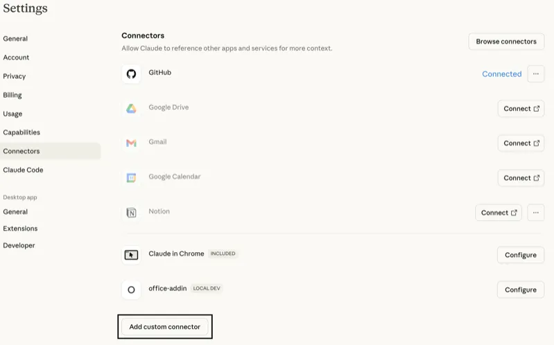 Connectors settings page